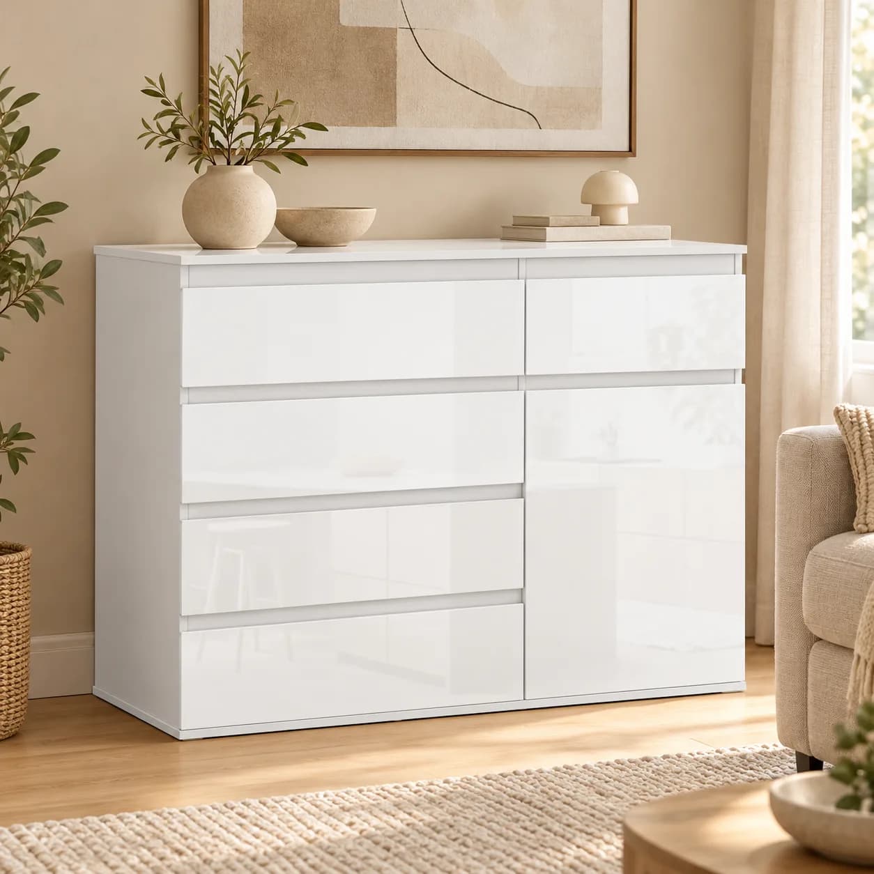 Sideboard Lina mit 5 Schubladen in Hochglanz-Weiß